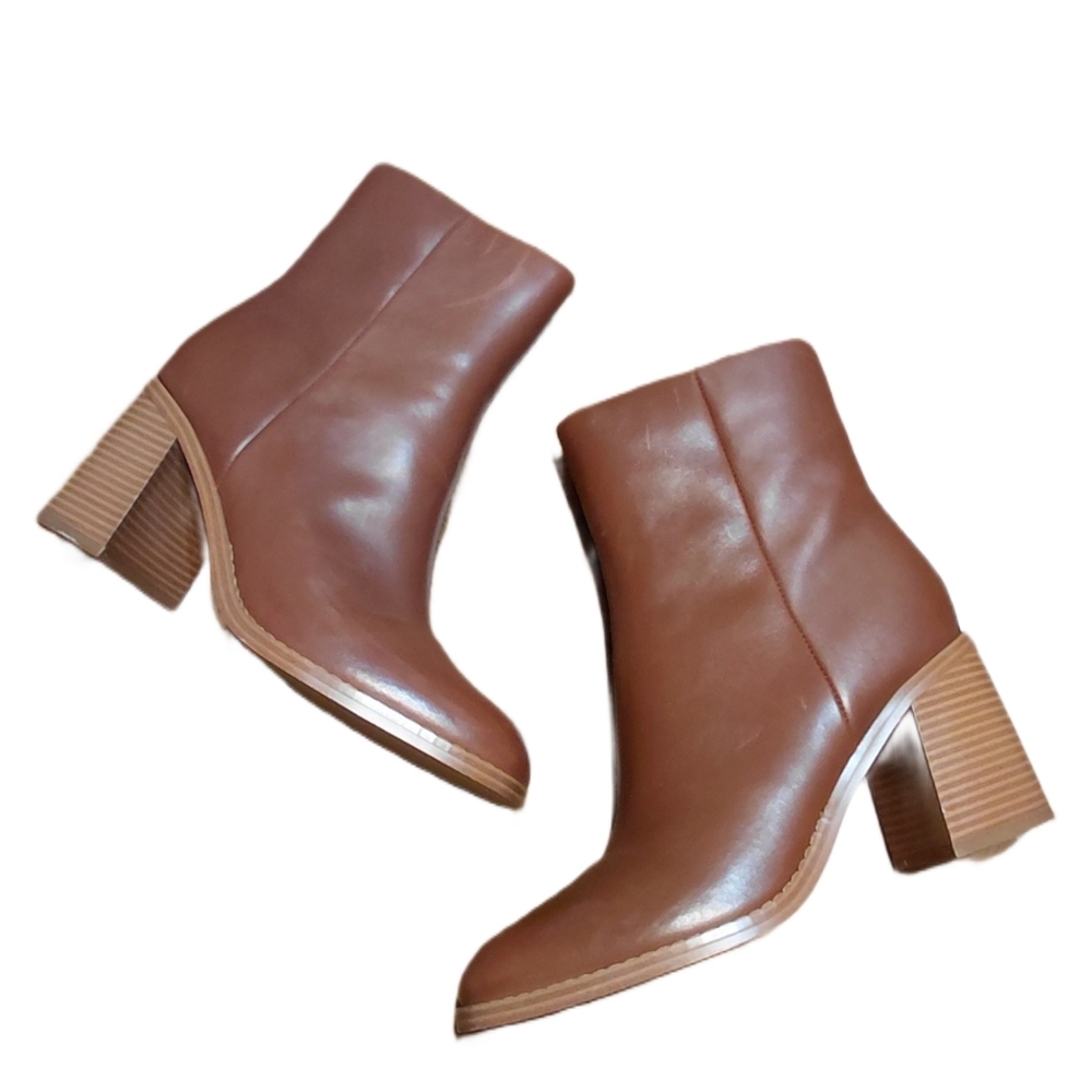 MARC FISHER Lysia Chunky Cognac Brown Block Heel Ankle Boot Leather Bootie 9.5